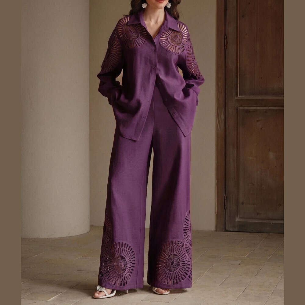 Plum Purple Cutout Sunburst Embroidered Oversized Shirt Wide Leg Pants Set